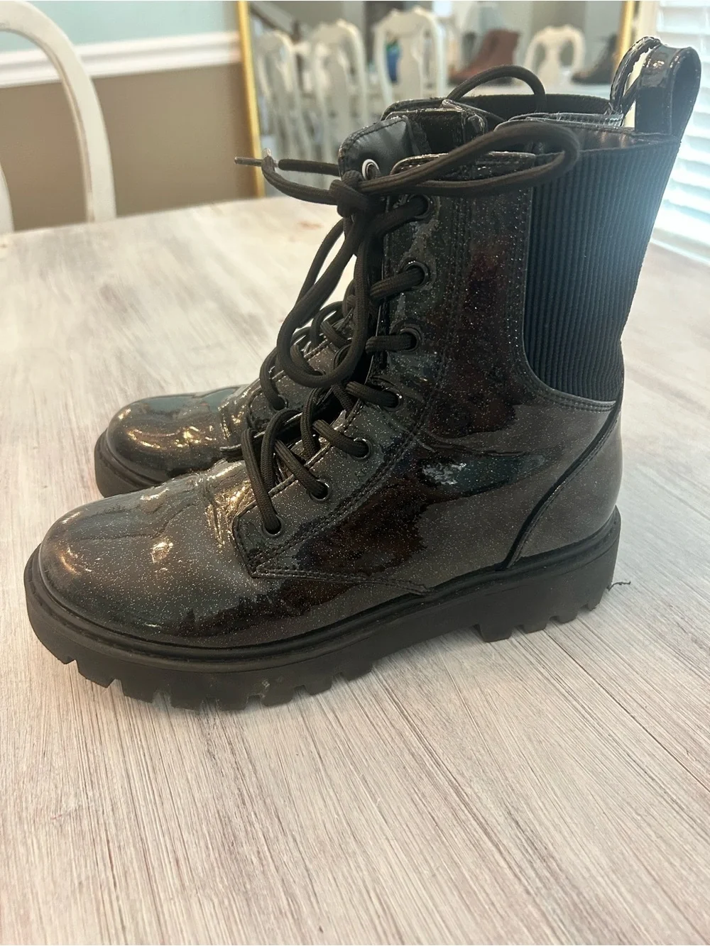 Art Class Black Glitter Combat Boots Girls Size 4 Lace-Up Lug Sole